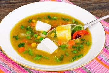  Healthy, diet food: Carrot soup with vegetables and feta cheese