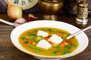  Healthy, diet food: Carrot soup with vegetables and feta cheese