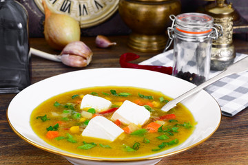  Healthy, diet food: Carrot soup with vegetables and feta cheese