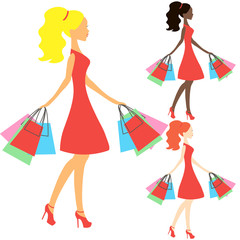girls of different nationalities vector, online store logo, silhouette, sale icon on white background, African American girl stores, black woman shopping