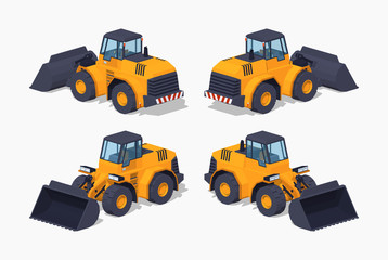 Fototapeta premium Yellow heavy bulldozer. 3D lowpoly isometric vector illustration. The set of objects isolated against the white background and shown from different sides