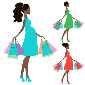vector of modern pregnant mommy with vintage  baby carriage, online store, logo, silhouette, sale icon on white background, African American girl stores, black woman shopping