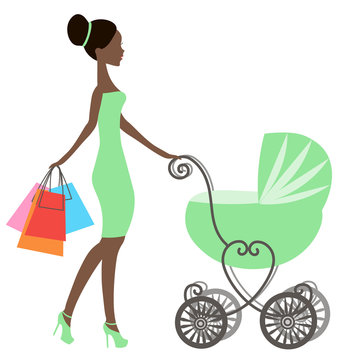 vector of modern mommy with vintage  baby carriage, online store, logo, silhouette, sale icon on white background, African American girl stores, black woman shopping