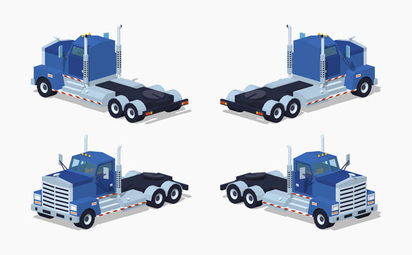 Blue heavy truck. 3D lowpoly isometric vector illustration. The set of objects isolated against the white background and shown from different sides