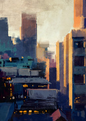 Obrazy  malowanie wieżowców o zachodzie słońca