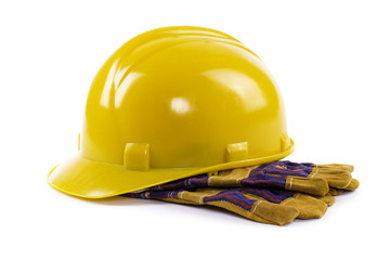 construction hard hat with gloves isolated on white