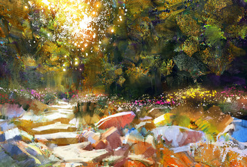 pathway with trees and flowers in autumn forest