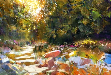 Foto auf Acrylglas pathway with trees and flowers in autumn forest © grandfailure