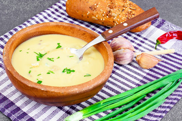 Healthy, diet food: soup of potatoes with croutons, bread and gr
