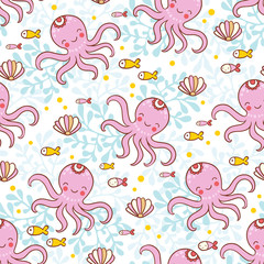 Sweet childish seamless pattern with octopuses, fish, corals, shells. Marine design in vector.
