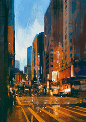 painting of street in modern urban city at evening