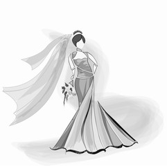Bride dressed in gown and veil holding bouquet of flowers.