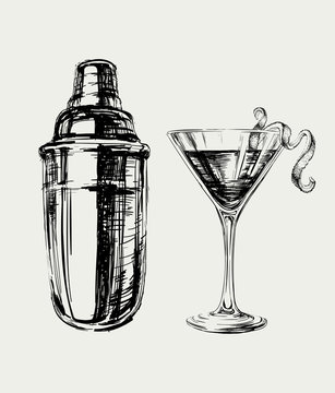 Sketch Cosmopolitan Cocktails and Shaker Vector Hand Drawn Illustration