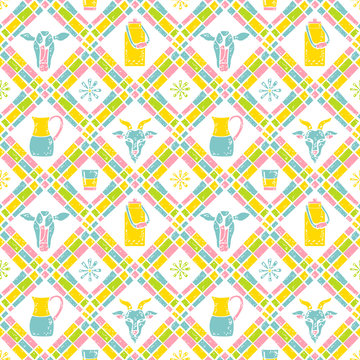 Milk seamless plaid pattern. Can and cow