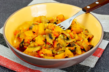 Baked Pumpkin with Mushrooms and Vegetables. Vegetarian Food