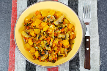 Baked Pumpkin with Mushrooms and Vegetables. Vegetarian Food
