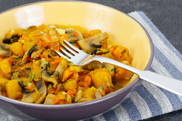 Baked Pumpkin with Mushrooms and Vegetables. Vegetarian Food