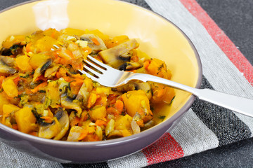 Baked Pumpkin with Mushrooms and Vegetables. Vegetarian Food