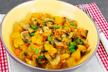 Baked Pumpkin with Mushrooms and Vegetables. Vegetarian Food