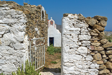 Medieval fortress and White church, Mykonos island, Cyclades, Greece