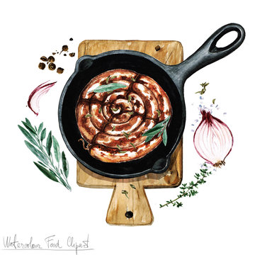 Watercolor Food Clipart - Sausage on a frying pan