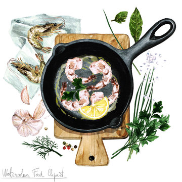 Watercolor Food Clipart - Shrimp on a frying pan