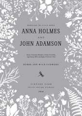 The frame of herbs and wild flowers. Wedding invitation in the style of boho. Vector vintage illustration.