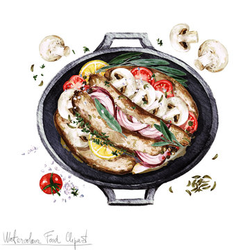 Watercolor Food Clipart - Sausage casserole in a cooking pot