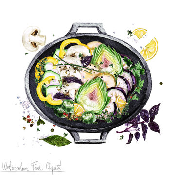 Watercolor Food Clipart - Vegetables in a cooking pot