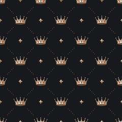 Seamless gold pattern with king crown with diamond on a dark black background. Vector Illustration