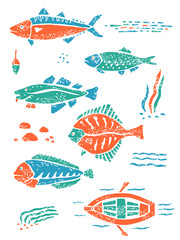 Set of fishes in naive lino style