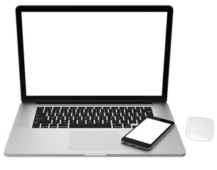 Laptop with blank screen isolated on white background, light aluminium body.Whole  in focus.