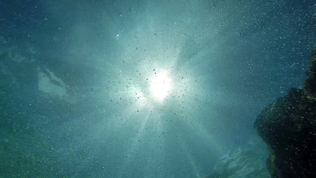 Bright sun throught water Underwater camera shot