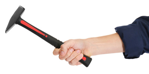 A hand of repairman holding a hammer, on white background, close-up