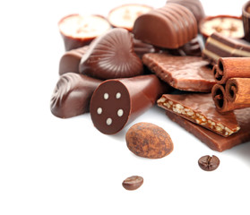 Assorted chocolate candies, isolated on white