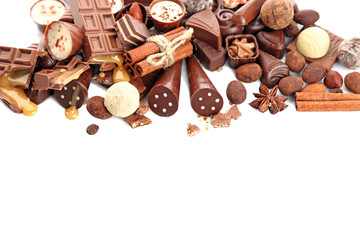 Assorted chocolate candies, isolated on white