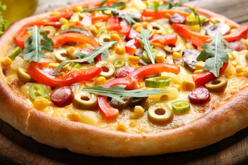 Delicious pizza with vegetables, close-up