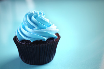 Chocolate cupcake on blue background
