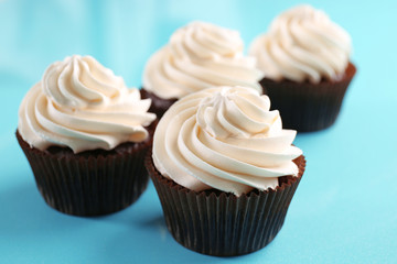 Chocolate cupcakes on blue background
