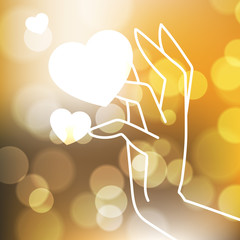 Stock blurred texture with bokeh effect and stylized hand in a graceful gesture with shining hearts