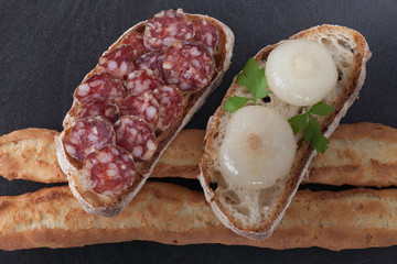 Bruschetta With Pickled Onions And Smoked Sausage