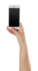 Hand holding white touch screen smart phone isolated on white background