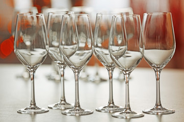 Empty wineglasses on a table, close up