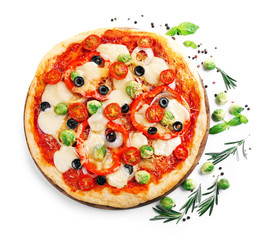Delicious pizza with cheese and vegetables isolated on white