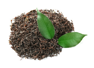 Pile of dry tea with green leaves, isolated on white