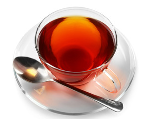 Glass cup of tea isolated on white background