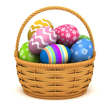 3d illustration. Easter eggs in a basket on a white background.