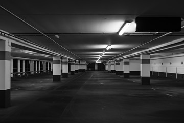 Modern indoor parking. Black and white.