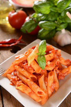 Penne pasta with hot chili sauce arrabiata