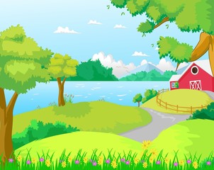 Illustration of a farm at the forest near the river